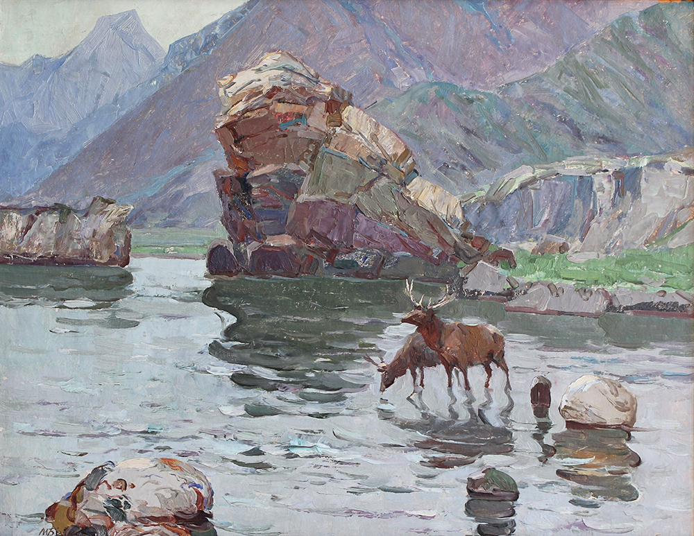 Будкеев-М.Я.-1960-е-Маралы-на-водопое.-Река-Урсул.-1960-е-гг.-к.м.-62х79--ч.к.jpg